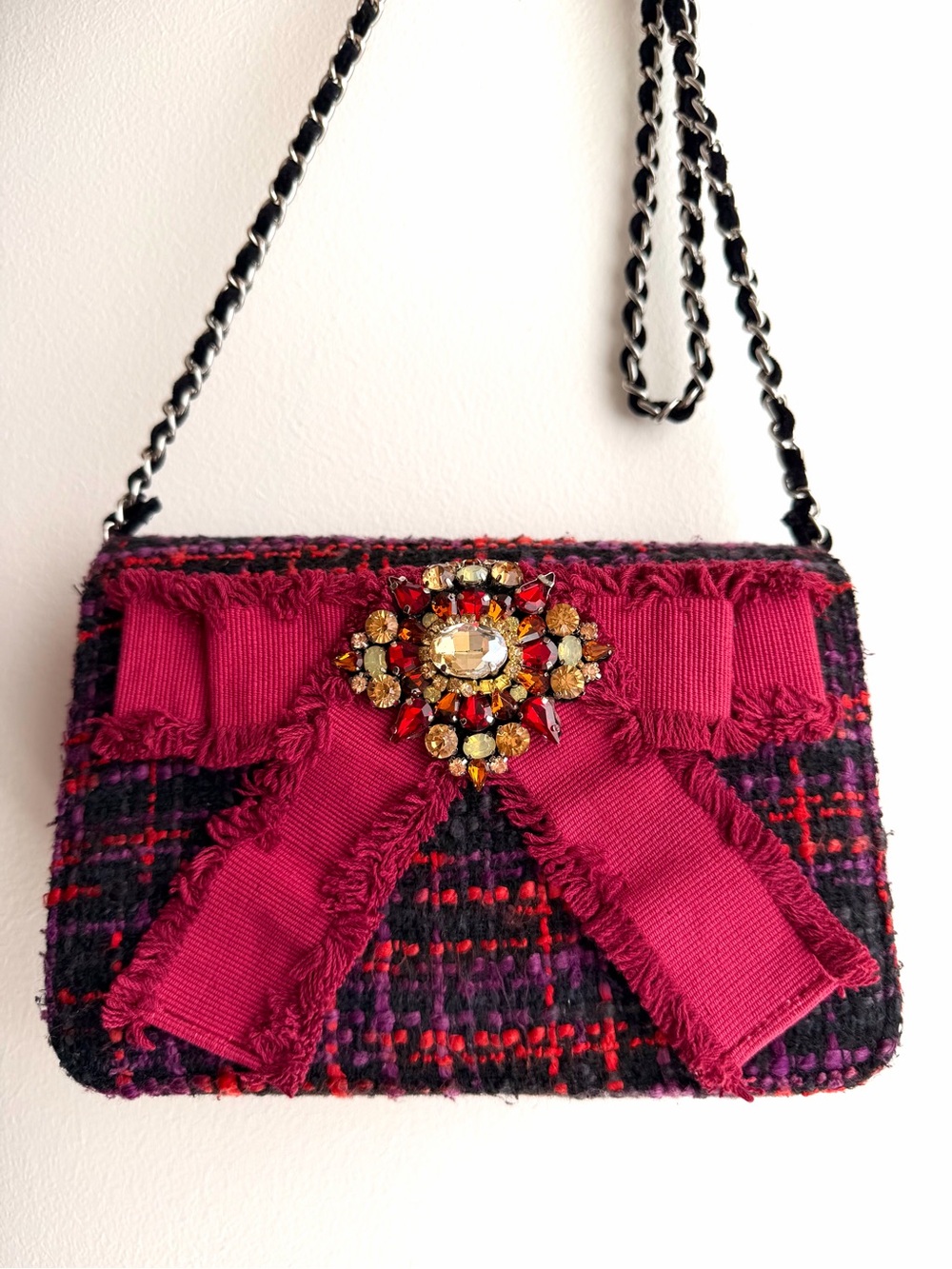 Cristina Sabatini Aubrey Tweed Pink Purple Crossbody Bag with Jeweled Bow